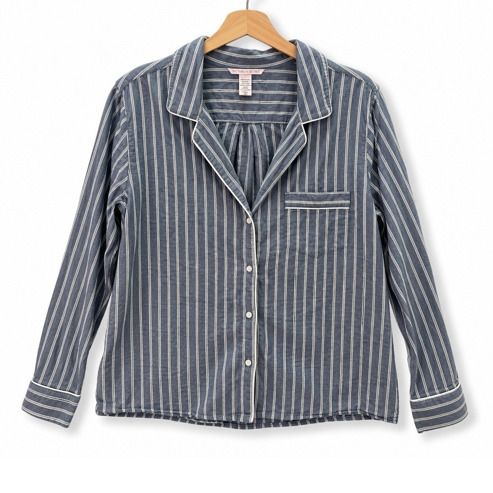 Victorias Secret Pajama Top Womens Medium Blue White Striped Button Front Lounge
